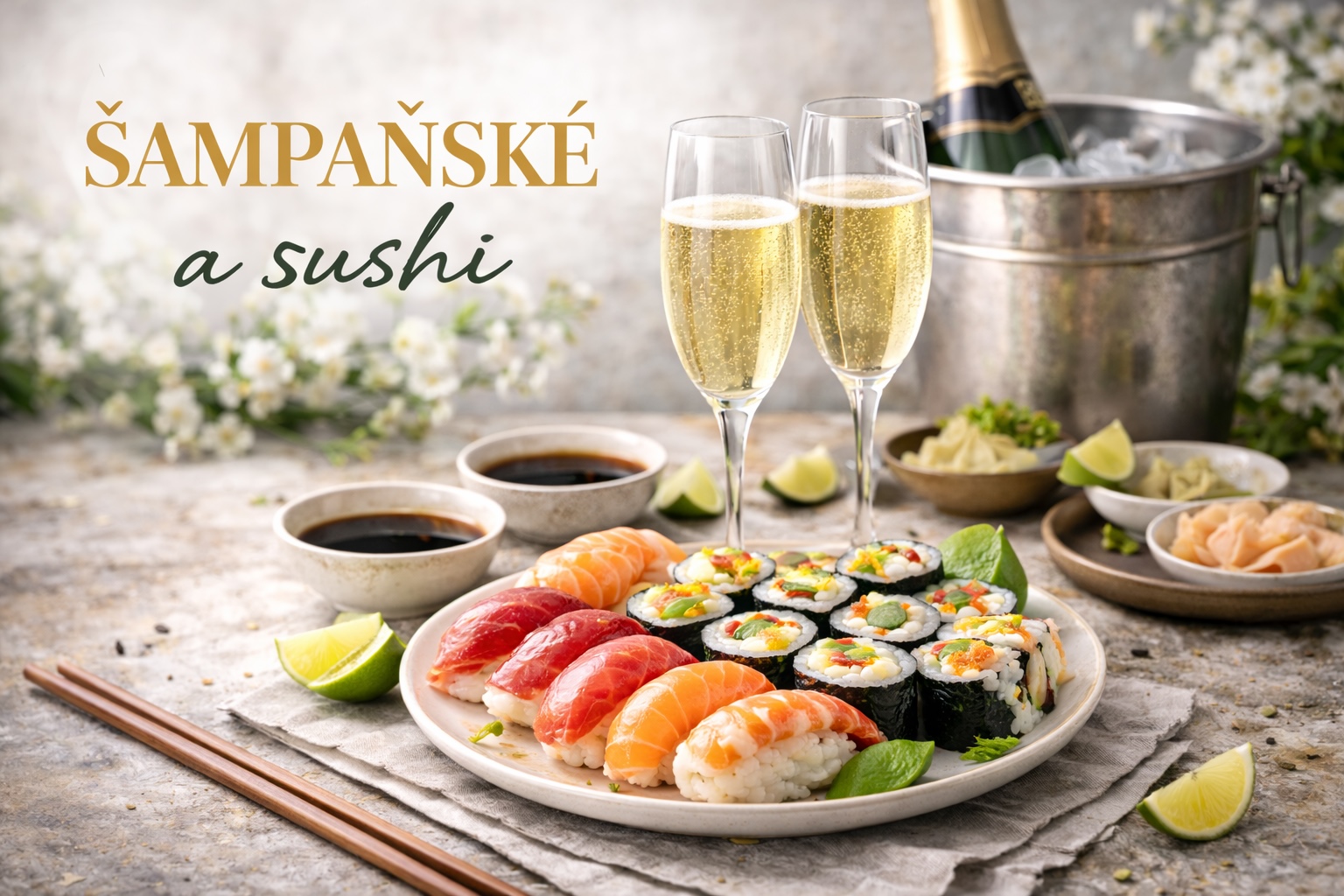 Šampaňské a sushi na stole